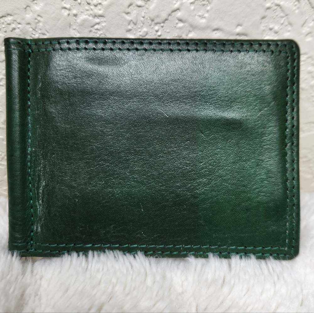 Vera Pelle Forest Green Leather Card Holder with Silver Tone Money Clip